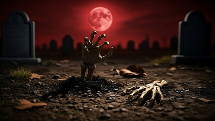 Creepy Halloween Background with Zombie Hands Rising from the Grave Under a Blood Moon