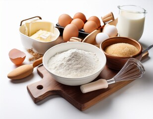 common baking ingredients such on white background