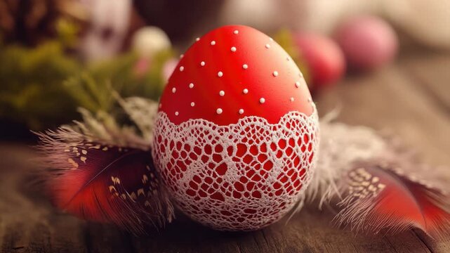 A vibrant red and white decorated Easter egg adorned with feathers on a rustic background.