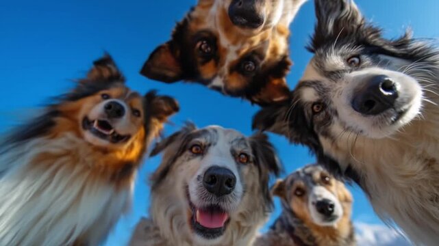Five curious dogs gaze down from a bright blue sky, noses close, tongues cheerful and sunny smiles!!
