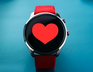 a smartwatch with a red band displays a heart symbol on its screen concept modern technology and health