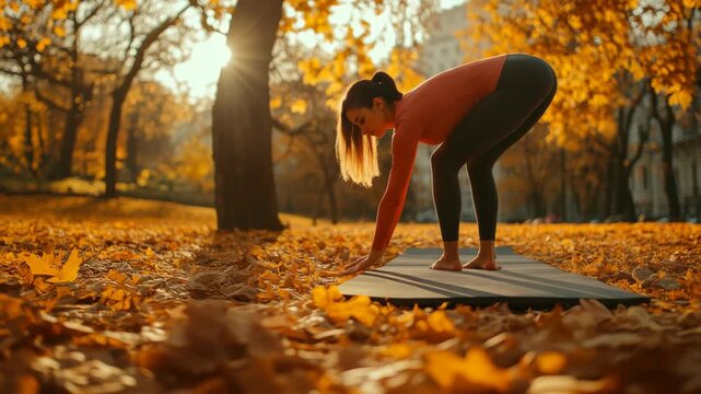 Woman jogging outdoors in fall with fallen leaves on ground