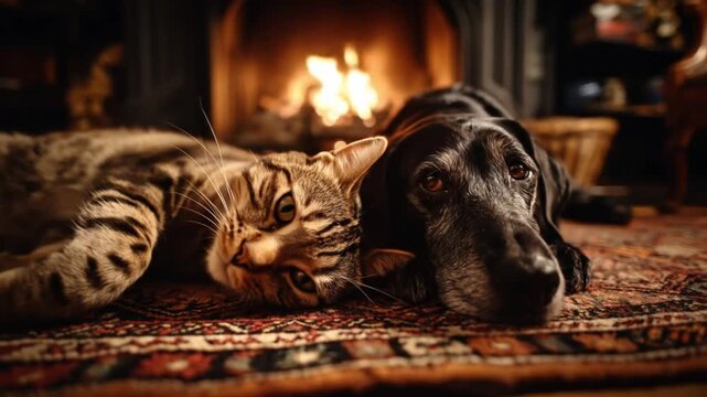 Cozy scene a tabby cat and black dog rest together on a patterned rug beside a warm hearth. nearby
