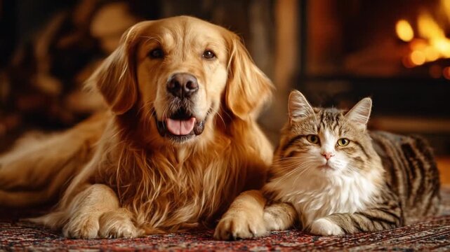 A golden retriever and a tabby cat cuddle on a patterned rug beside a warm fireplace. Warm glow here