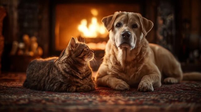 A tabby cat and a golden retriever lounge on a Persian rug beside a crackling fireplace, cozy calm.!