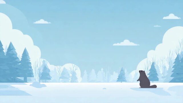Adorable groundhog in snowy forest on a sunny day with blue sky and fluffy clouds celebrating groundhog day tradition