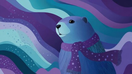 Charming groundhog wearing a purple scarf amidst vibrant waves of colorful patterns celebrating groundhog day concept