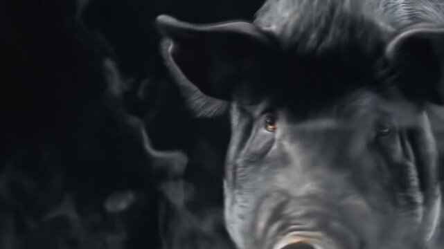 Close-up of a dark cow's head framed by swirling smoke in a moody, shadowy setting, unreal and eerie