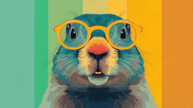 Colorful groundhog in blue glasses with yellow and teal split background, embracing the theme of groundhog day