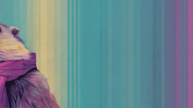 Colorful geometric illustration of a groundhog in a pink scarf against a striped background for groundhog day concept