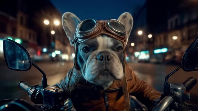 A bulldog in aviator goggles and a leather jacket rides a motorcycle through neon city at nighttime