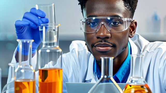 Scientist conducting Laboratory Experiment: A focused scientist meticulously conducts a laboratory experiment. He is carefully observing and analyzing chemical compounds in beakers.