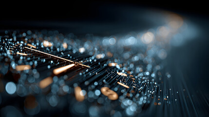 Digital clock hologram showing time against futuristic data stream background with glowing blue technology elements and bokeh light effects.