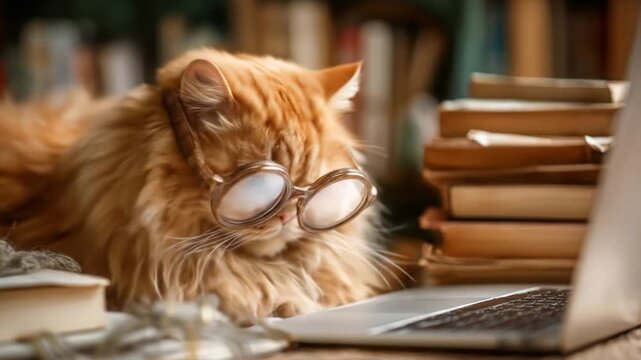 Calico cat wearing round glasses hunched beside a laptop, surrounded by stacked books. a neat setup!!