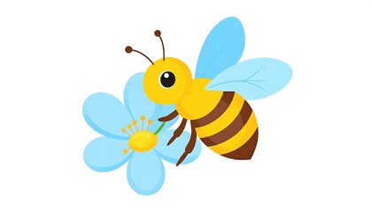 Cute cartoon bee collecting pollen from a blue flower on a white background