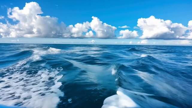 Ocean of serenity: Capturing the vast, tranquil ocean under a vibrant blue sky adorned with fluffy, cotton-like clouds, creating a sense of peace and boundlessness.
