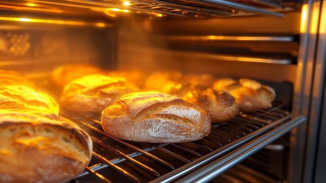 Golden Loaves Rising: A warm interior shot presents freshly baked bread, perfectly risen and golden, as it bakes inside a heated oven, ready for consumption.