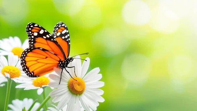 Butterfly on Daisy: A vibrant monarch butterfly delicately perched on a daisy, showcasing its intricate patterns and the flower's pristine beauty, surrounded by lush greenery.