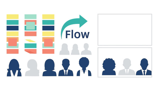 Business workflow with diverse team and process diagrams