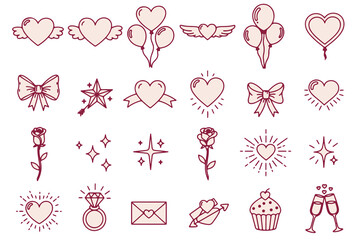 Set of pink hearts and romantic flower icons in a vector illustration design for a Valentine Day wedding card or holiday frame pattern