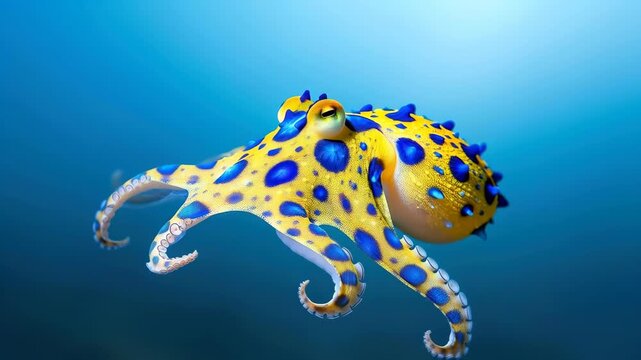 Underwater Majesty: An exquisite blue-ringed octopus, with its vibrant patterns, gracefully navigates the depths of a turquoise sea. A captivating glimpse into the wonders of marine life.