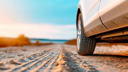 Journey on Sandy Road: Capturing a vehicle traversing a sun-kissed, sandy track, with tire tracks. Against a clear blue sky, the scene evokes a sense of adventure, freedom, and the allure of travel.