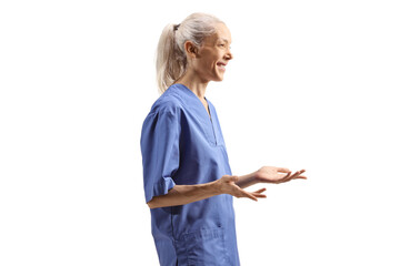 Female health care worker in a blue uniform
