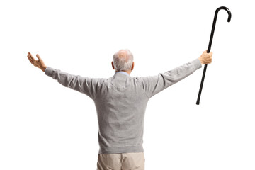 Rear view shot of a happy elderly man raising a walking cane