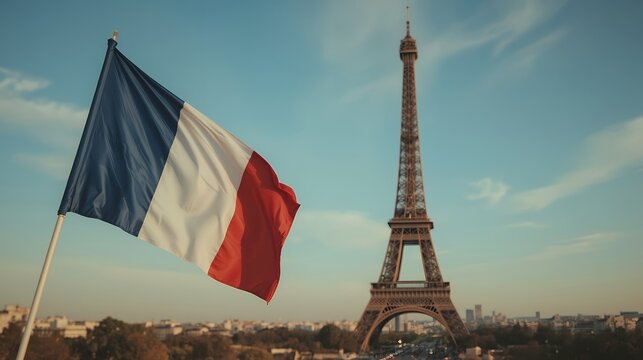 eiffel tower in paris and france flag