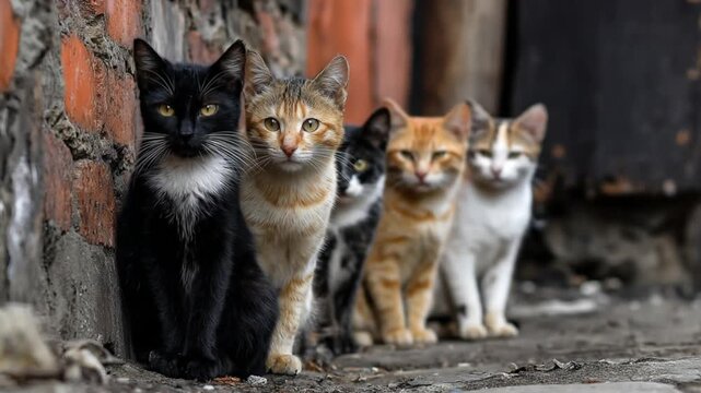 Five cats sit along a sunlit brick wall in a row, facing right, calm urban alleyway scene, dusk glow