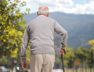 Back view of an elderly man with a cane