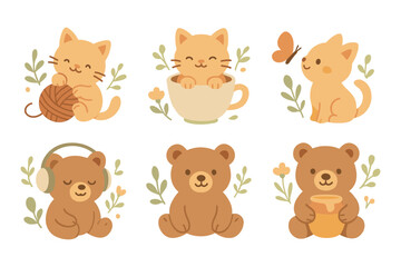 Fototapeta premium Cute kittens and bears with cozy aesthetic in pastel colors