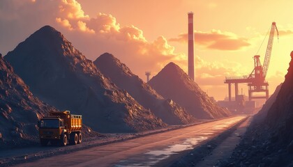 Large mineral piles at industrial site with truck and crane. Raw materials wait for shipment at sunset. Logistics and supply chain operations visible.