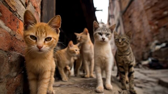Sunlit alley cats of varied fur colors gather near brick walls, curious, alert, and playful. Nearby