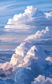 Airy illustration of soft voluminous clouds in pastel blue and creamy tones. Calm sky background for design, covers, meditation visuals and dreamy creative projects.