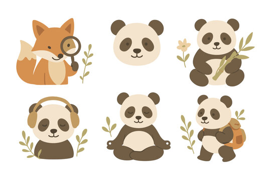 Cute panda and fox characters in minimalist style with nature elements - Powered by Adobe