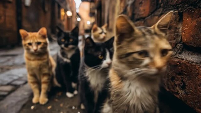 Four alley cats by a brick wall under warm streetlight; one foreground cat looks aside, curiously!!!