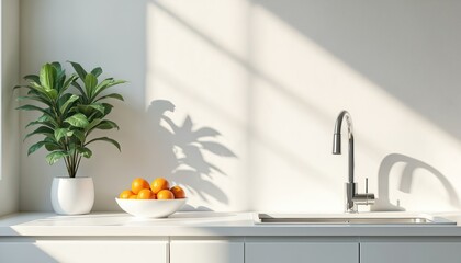 Minimalist kitchen counter features white bowl with oranges, green plant in white pot, and chrome faucet over sink. Natural light casts plant shadows.