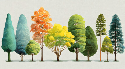 Colorful watercolor trees collection with various shapes and seasonal colors for landscape design, environmental illustrations, and nature-themed projects.