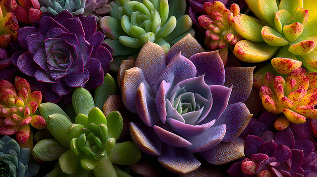 Colorful succulent plants collection featuring various species with green, purple and spotted leaves arranged together for gardening and home decor projects.