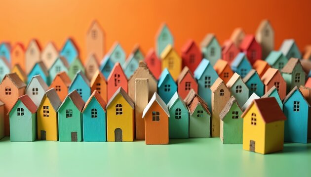 Rows of miniature wooden houses painted in vibrant colors. Tiny homes arranged in a dense urban landscape. Small decorative houses form a colorful neighborhood.