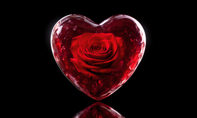 Romantic vibrant red rose encased in textured glass heart, reflecting on dark background.