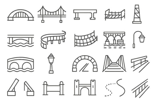 Bridge Icon Collection. Line style icons of bridges and structures: arch bridge, suspension bridge, wooden bridge, steel beam,