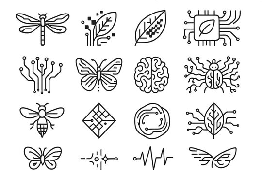 Tech Nature Fusion. Line style icons of technology nature fusion: dragonfly circuit, digital wing, pixel pattern on leaf, biochip