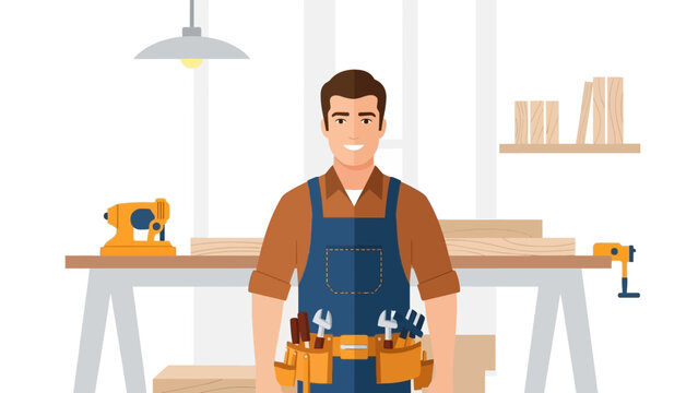 Smiling carpenter in workshop with tools and equipment in flat design