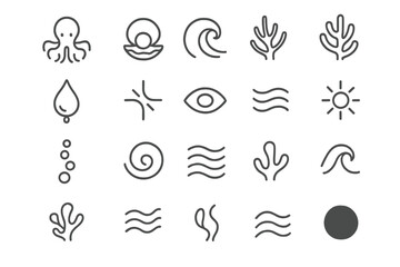 Oceanic Icon Exploration. Line style icons of Ocean Mystique: octopus, pearl, wave arc, coral glow, ink trail, light shimmer,