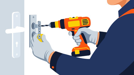 Handyman fixing door lock with electric drill in flat art style