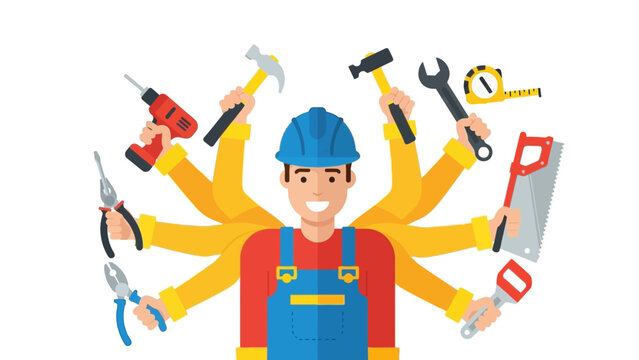 Versatile handyman with multiple tools and skills in flat design