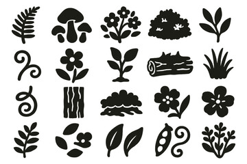 Woodland Flora Icons. Solid style icons of Woodland Flora: fern frond, mushroom cluster, flowering shrub, moss patch, vine tendril