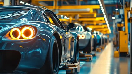 A high-tech automotive assembly line filled with luxury sports cars. The bright lights illuminate the production area, highlighting the sleek designs of the vehicles.